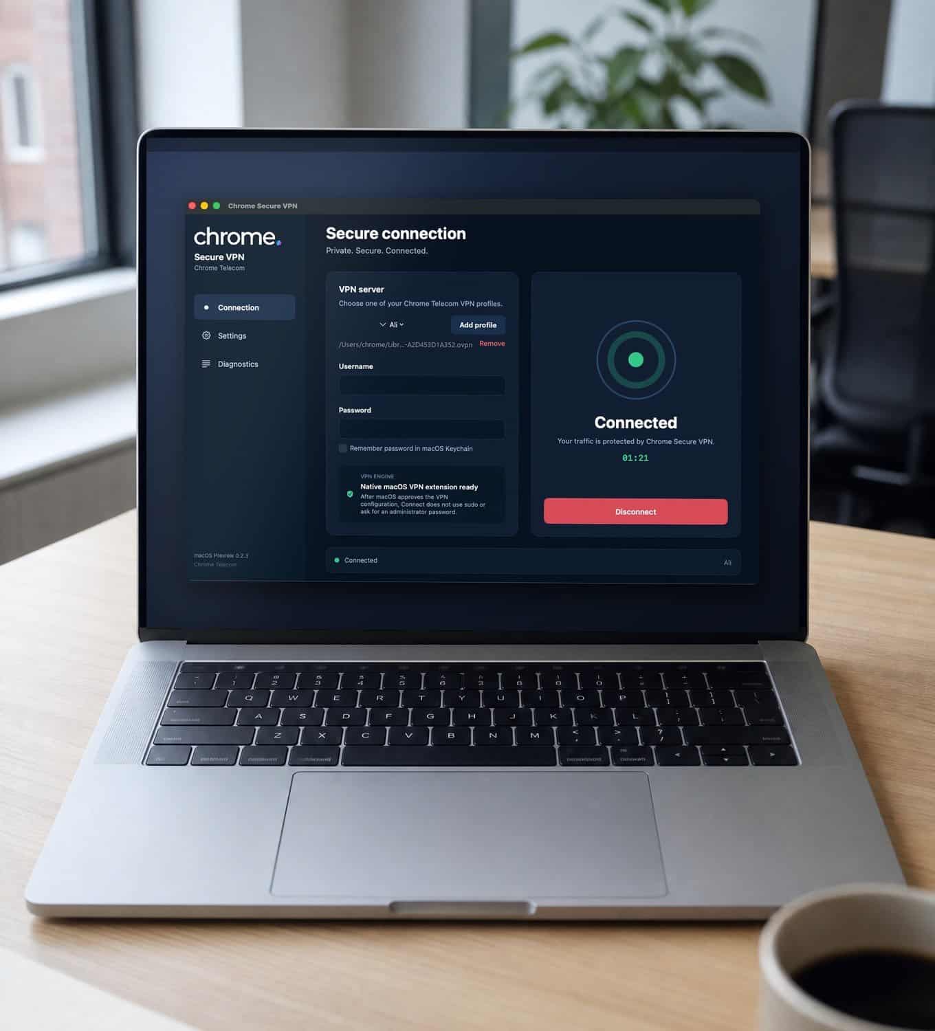 The Chrome Secure VPN app open on a laptop in an office, showing a connected VPN session