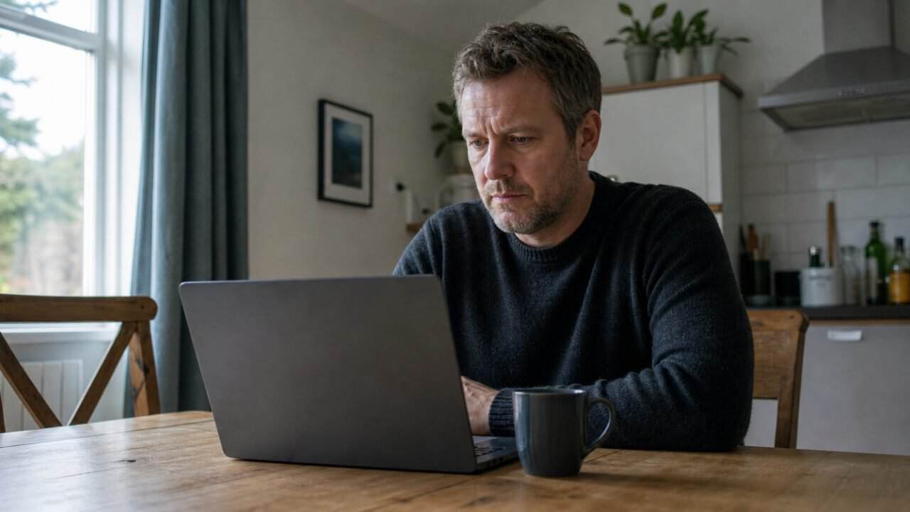 A man working on a laptop at a kitchen table in a UK home