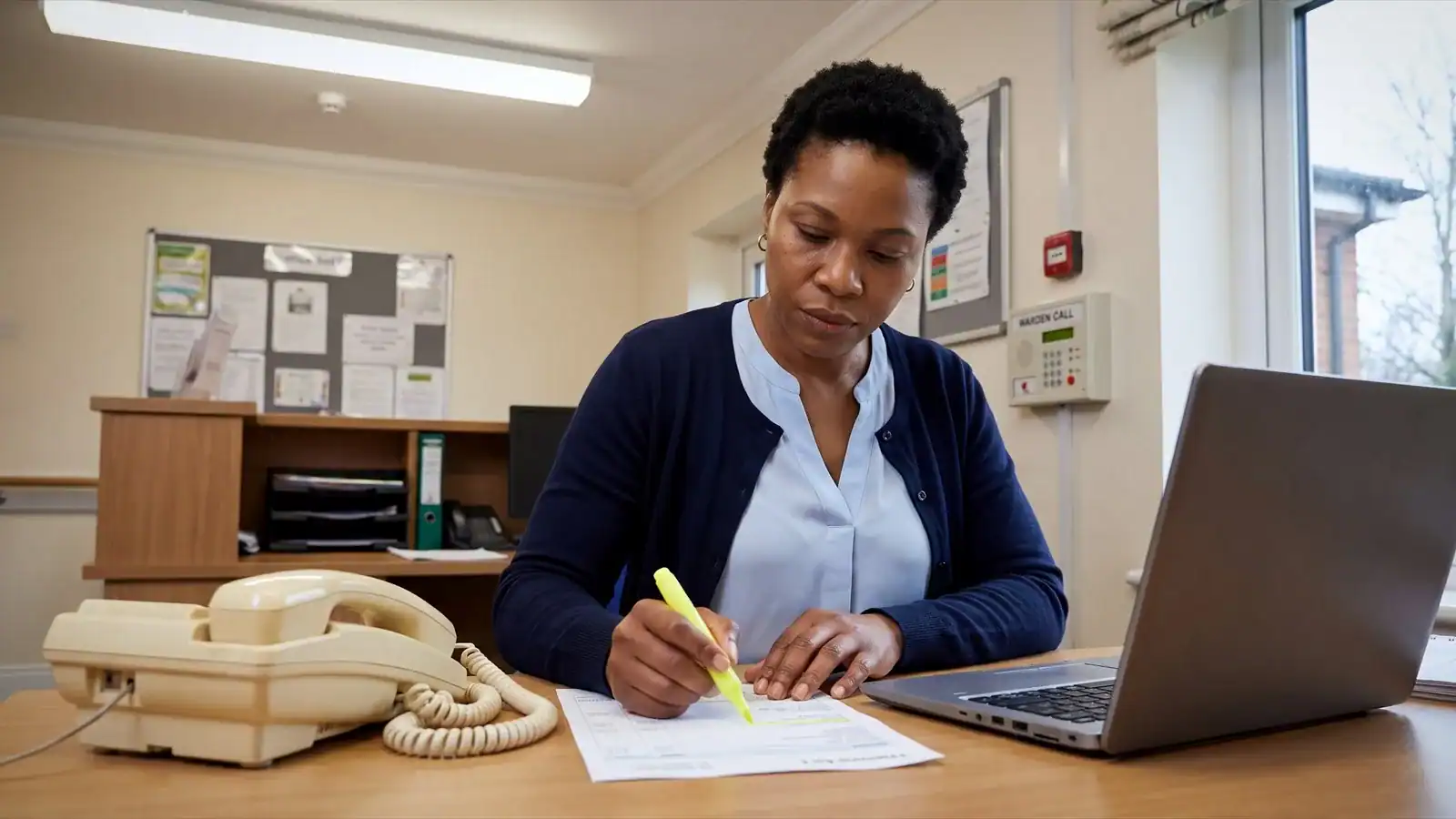 A care home manager at her desk going through a printed phone bill with a highlighter, an old analogue desk phone and a warden call panel beside her