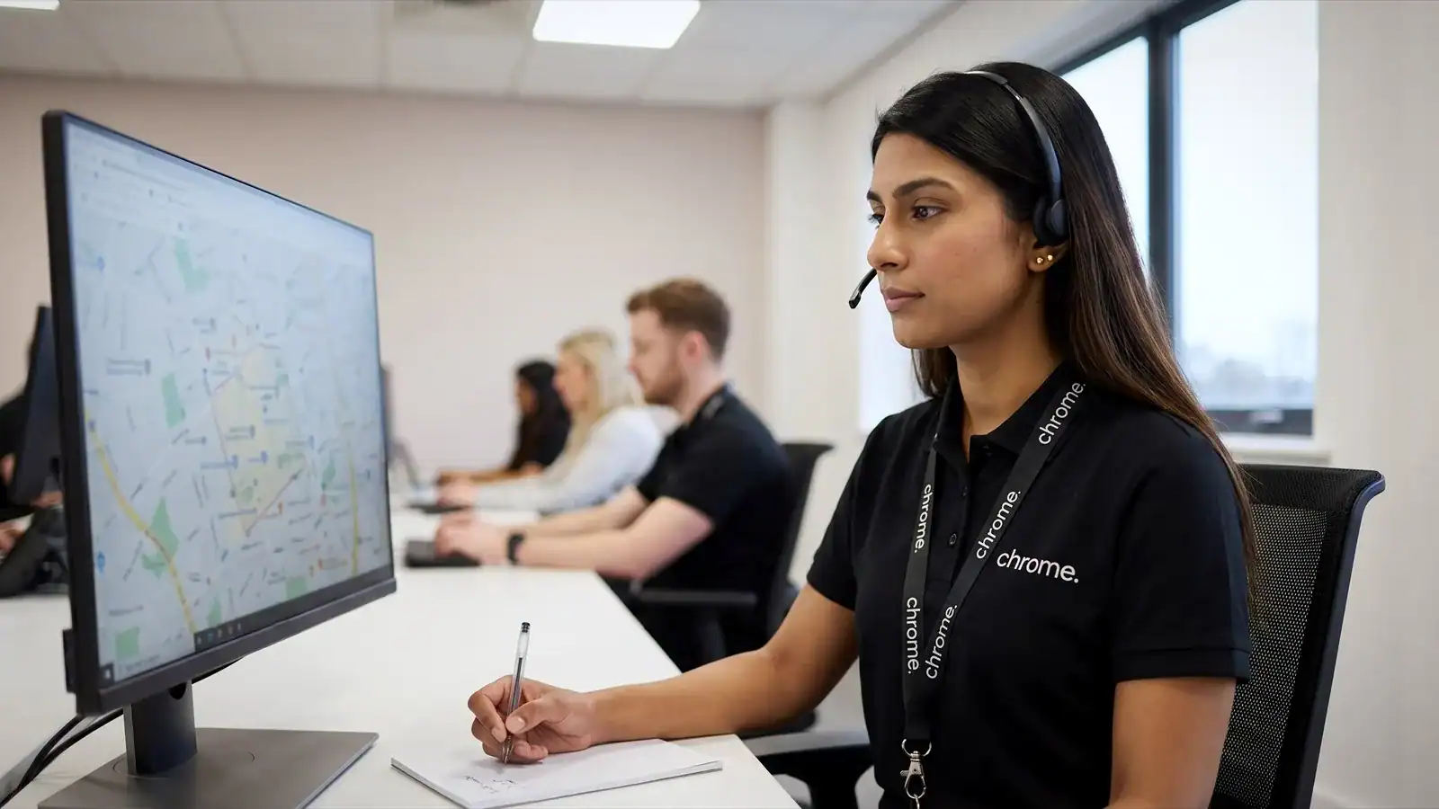 A Chrome Telecom service coordinator on a headset checking a map on screen and noting a postcode on a pad, colleagues working behind her