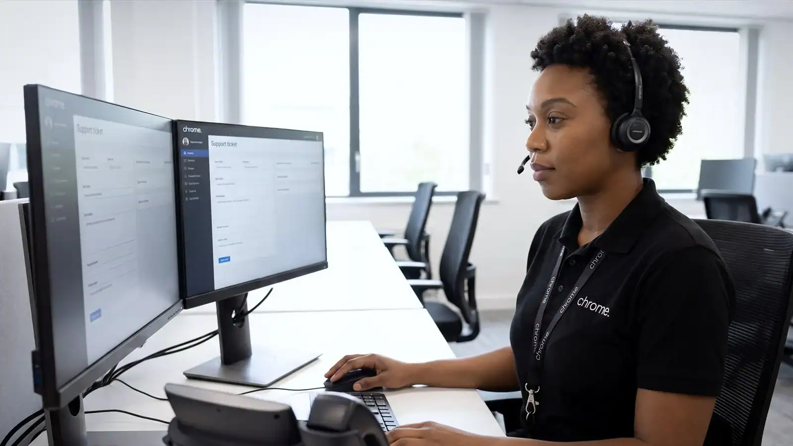 A Chrome Telecom support advisor on a headset at the helpdesk, working through a support ticket on two monitors.