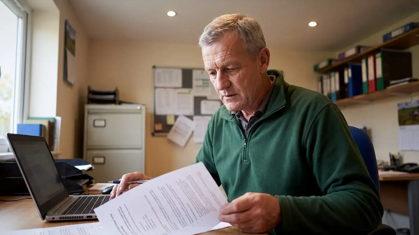 A business owner in his fifties reading a printed connectivity quote at his desk with a laptop open beside him