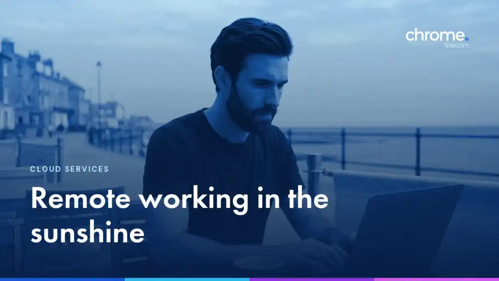 A man working on a laptop outside a seaside cafe, with the headline Remote working in the sunshine