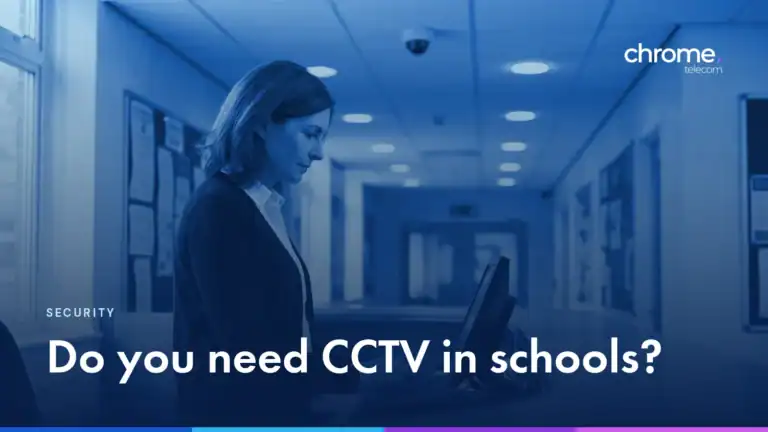 A school administrator at a reception desk with a security camera overhead, with the headline Do you need CCTV in schools?
