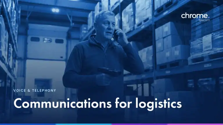 A warehouse manager on his phone among racking and stacked boxes, with the headline Communications for logistics