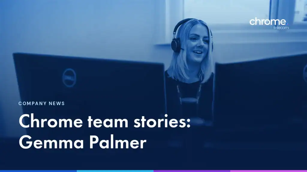 Gemma at her workstation between two monitors, with the headline Chrome team stories: Gemma Palmer