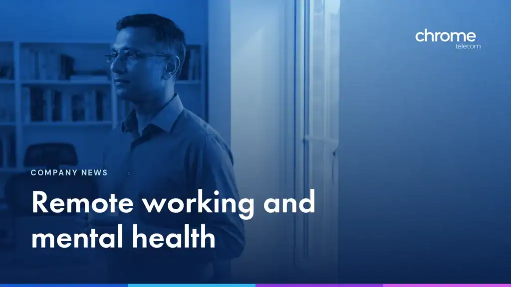 A man pausing at a window with a mug in a home office, with the headline Remote working and mental health