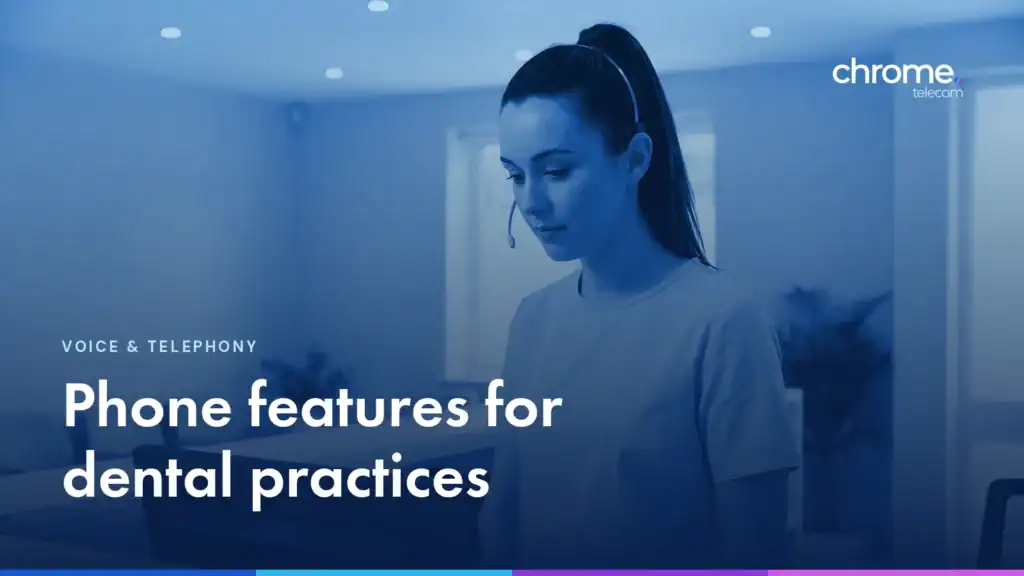 A dental receptionist booking an appointment while wearing a headset, with the headline Phone features for dental practices
