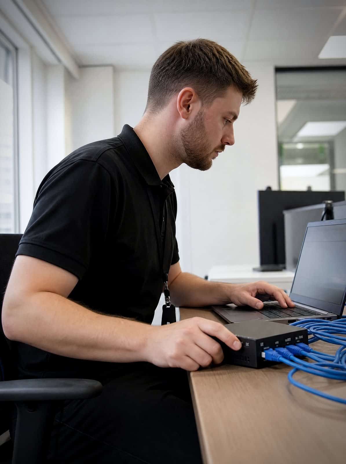 A Chrome Telecom engineer sets up a VPN appliance at a desk, blue network cables connected, checking the configuration on a laptop