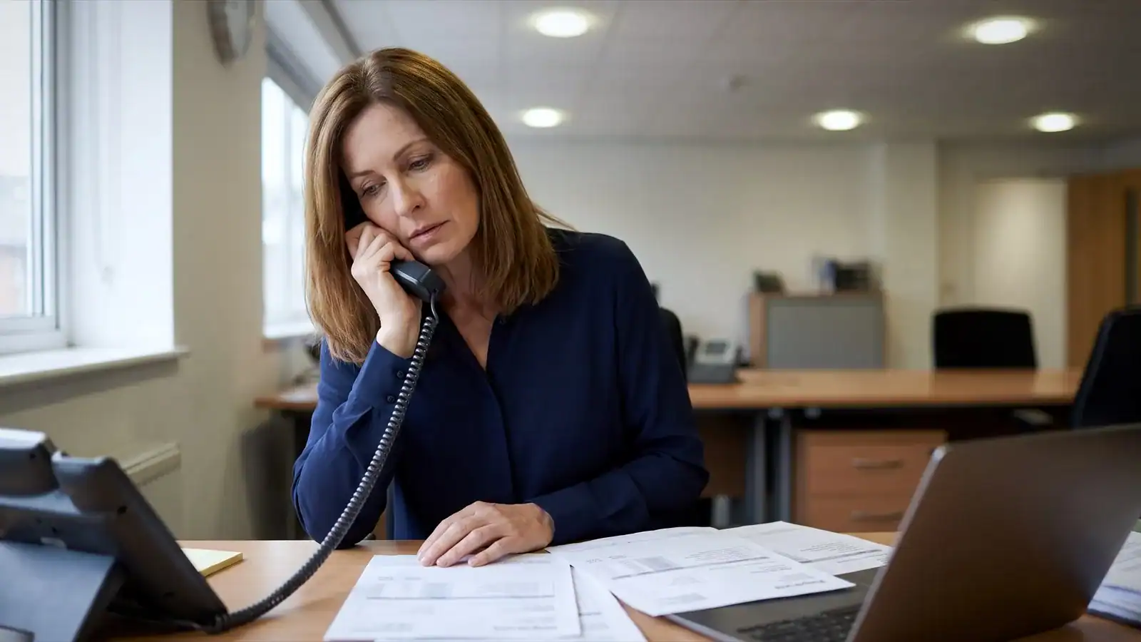An office manager on a desk phone, looking through printed supplier invoices next to a laptop.