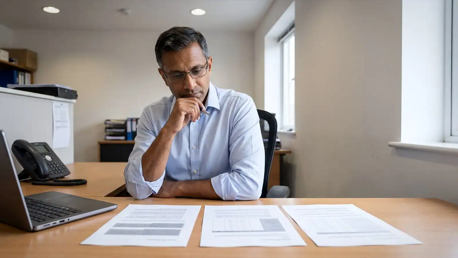 A practice manager at his desk comparing three printed supplier quotes side by side.