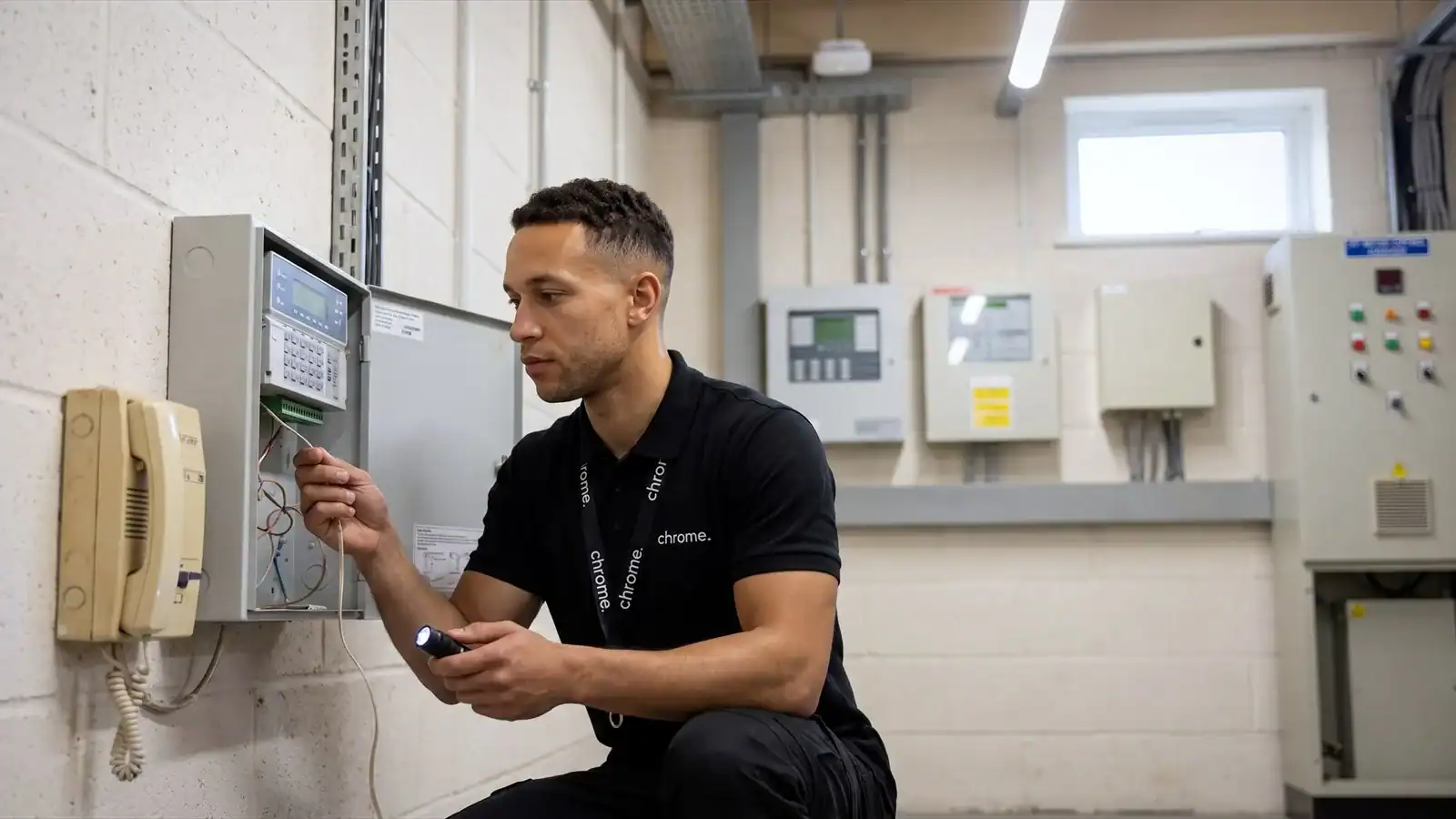 A Chrome Telecom engineer crouched at an open alarm control panel in a plant room, tracing the telephone line next to an old analogue wall phone