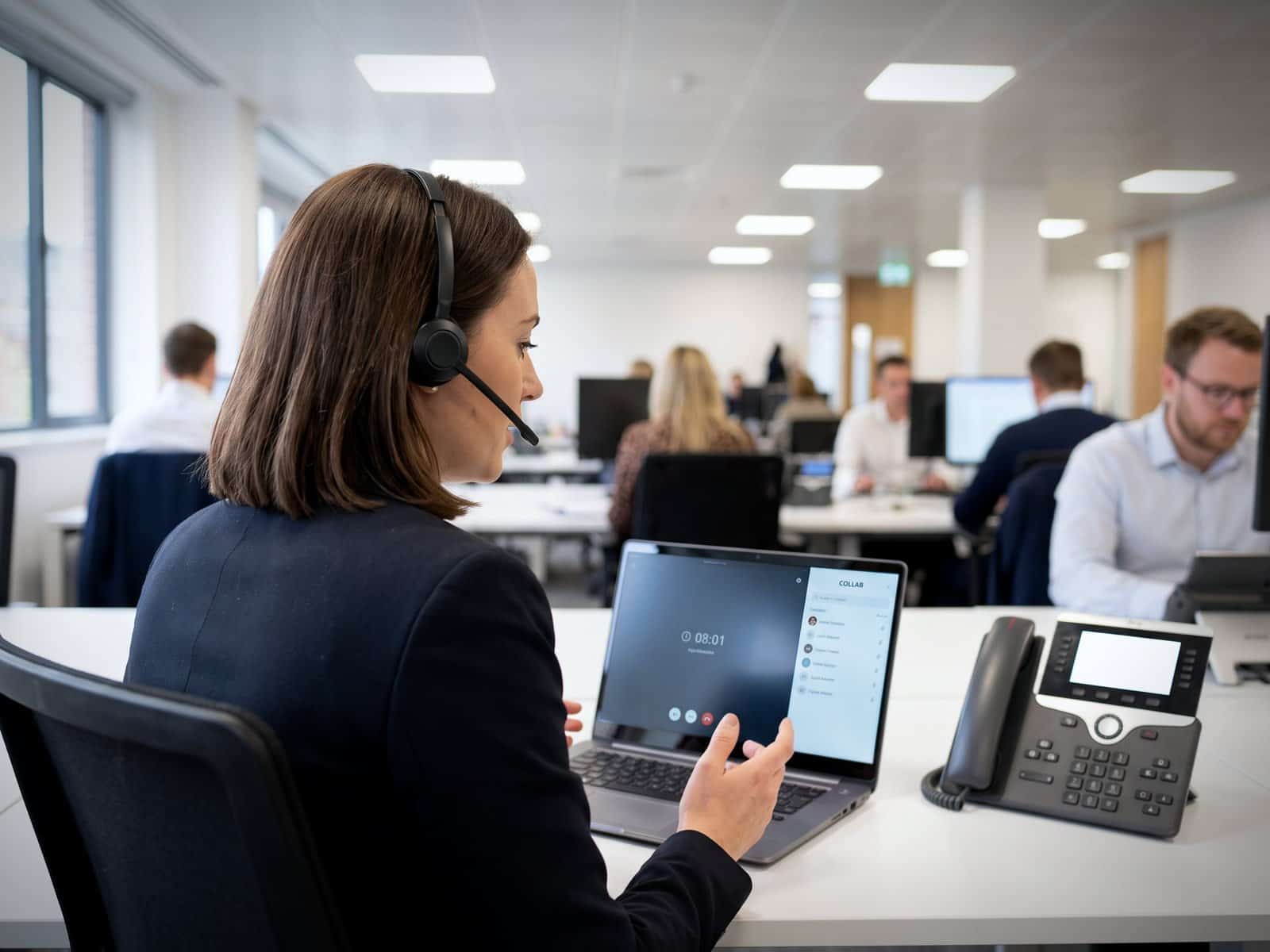 A member of staff taking a business call on a laptop, with a desk phone on the same desk