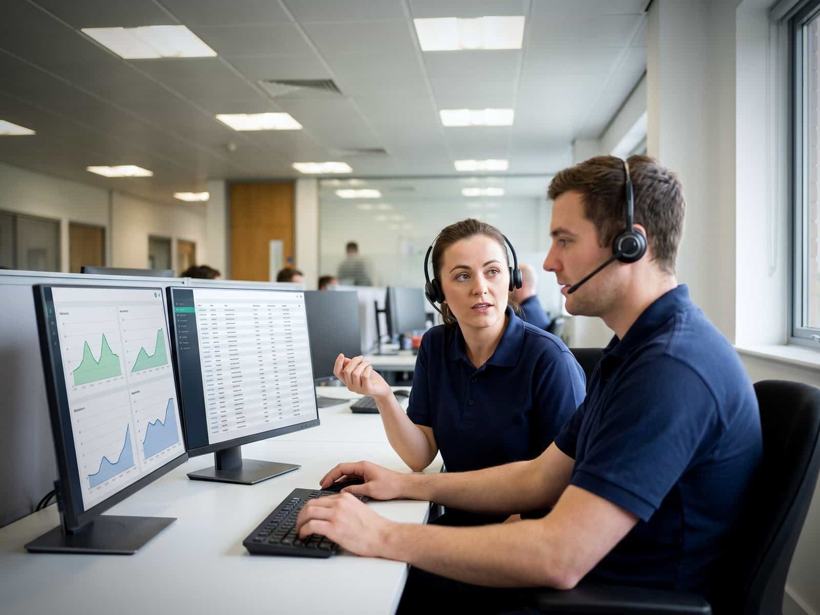 Two Chrome Telecom support colleagues at their desks wearing headsets, reviewing call reporting on screen