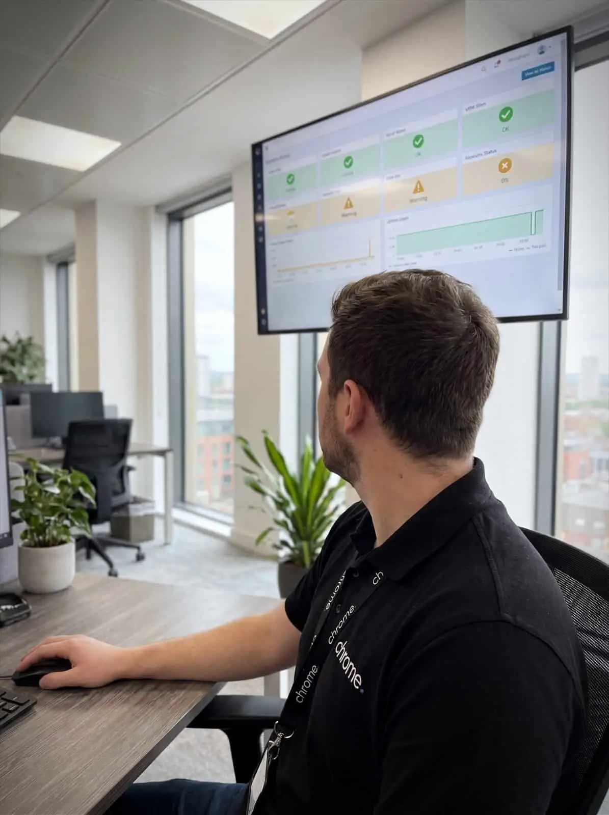 A Chrome Telecom engineer watches a live system status wallboard showing uptime and service indicators