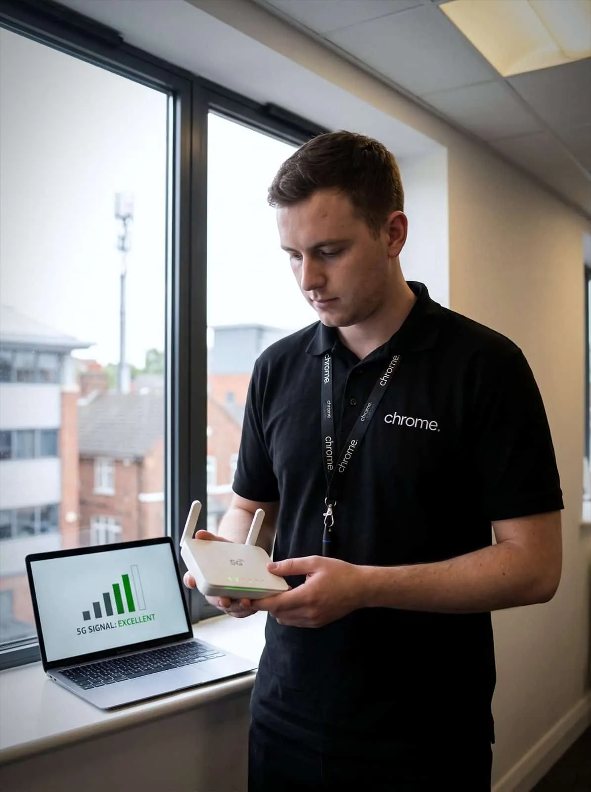 A Chrome Telecom engineer checks the status lights on a 5G router beside an office window