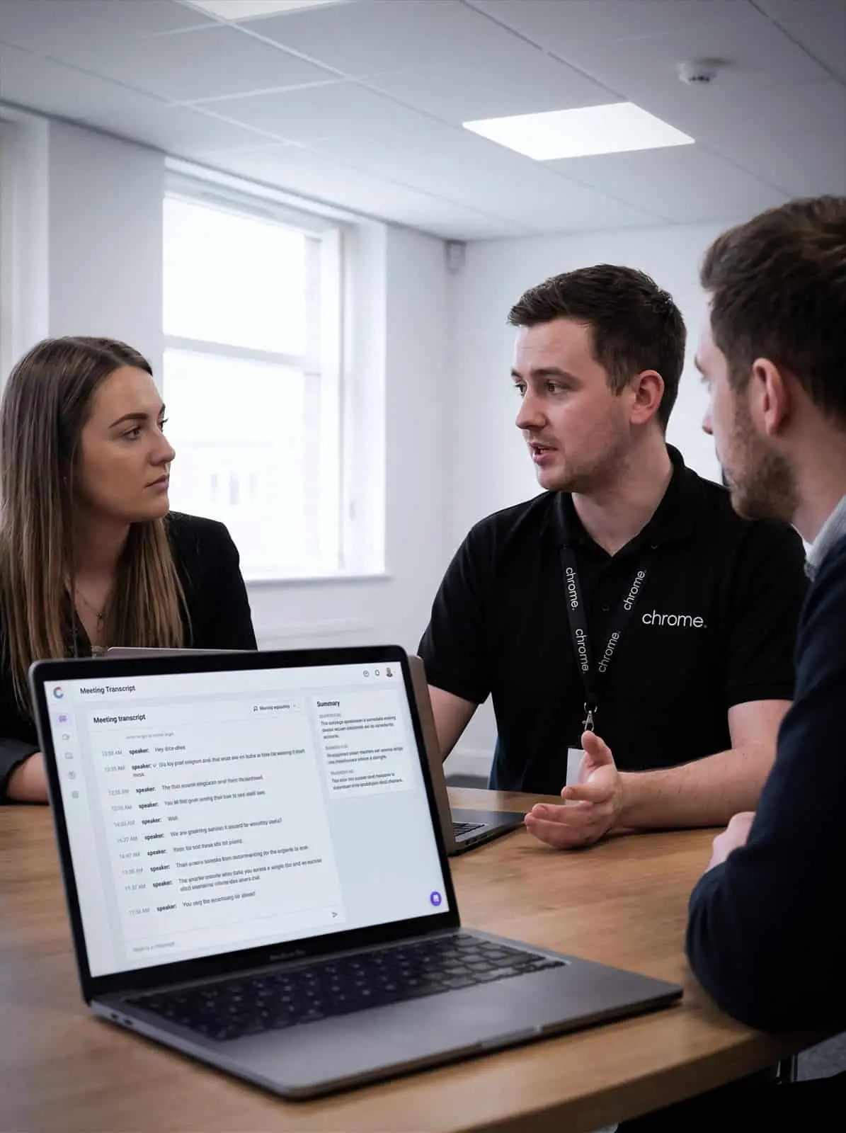 Colleagues talk in a meeting room while a laptop captures a live transcript and summary
