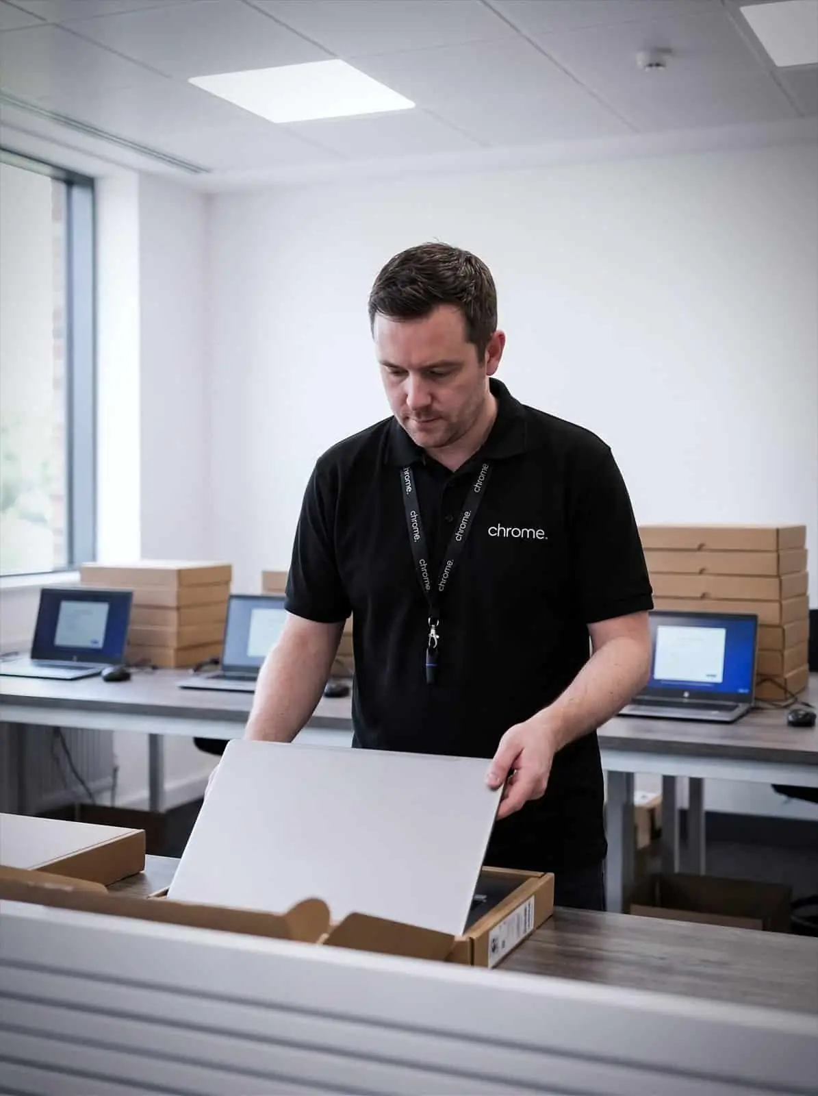 A Chrome Telecom engineer unpacks and builds new laptops at a workbench