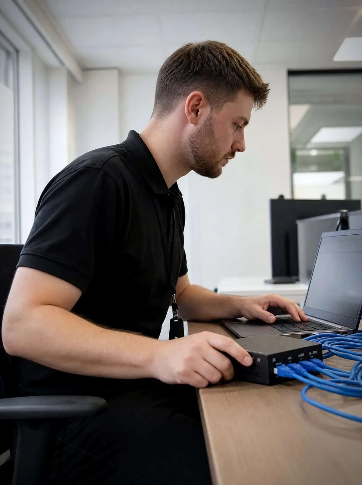 A Chrome Telecom engineer sets up a VPN appliance at a desk, blue network cables connected, checking the configuration on a laptop