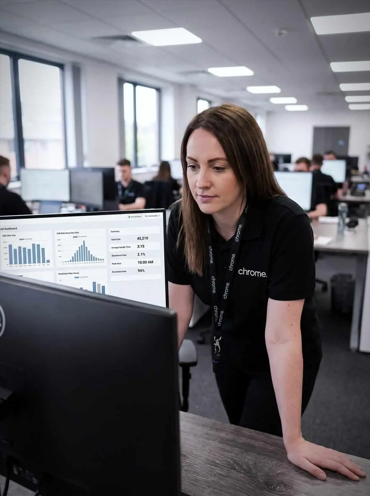 A Chrome Telecom colleague studies a call analytics report with charts and call volume figures