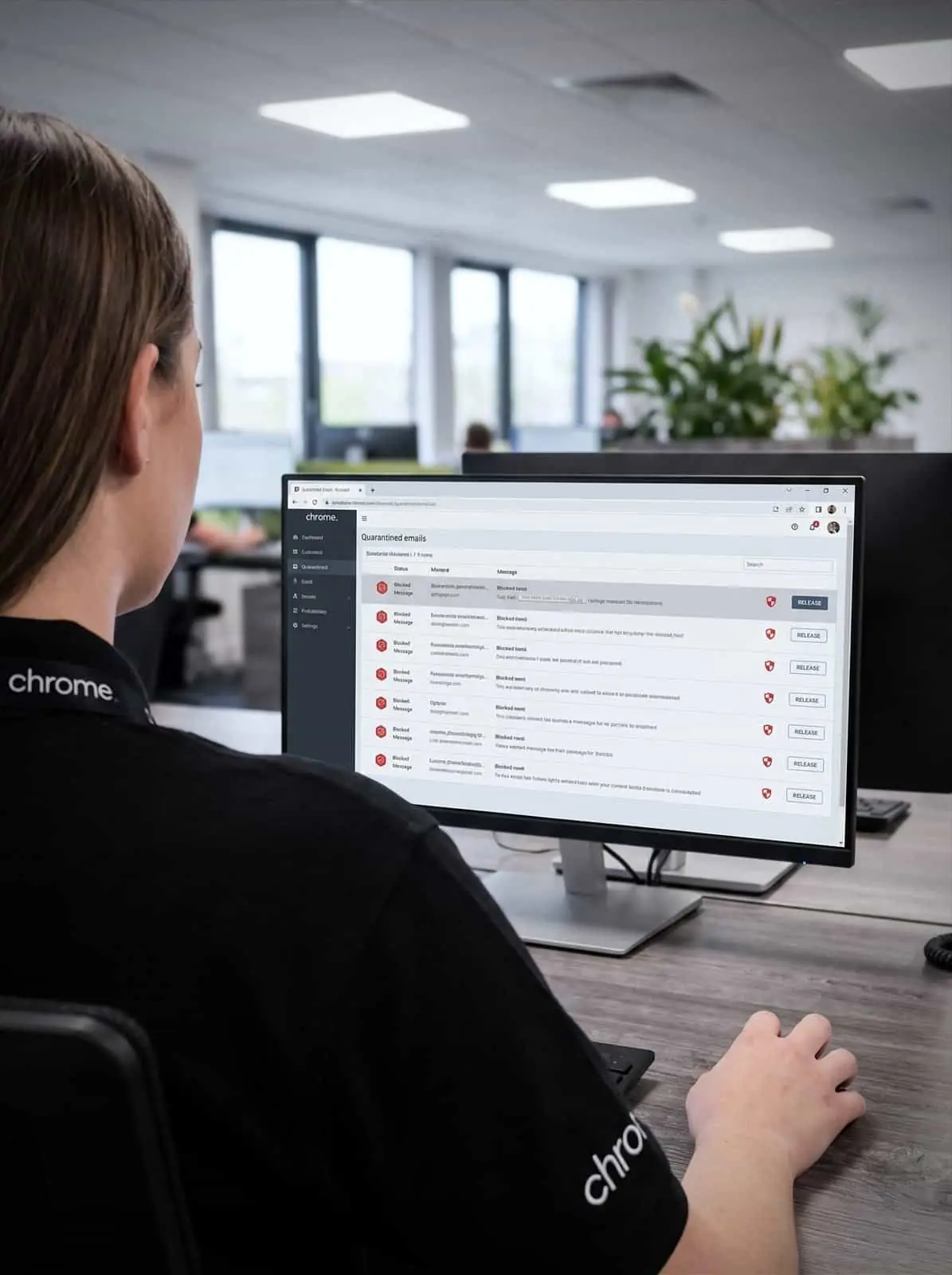 A Chrome Telecom colleague reviews a list of quarantined emails blocked by the mail filter
