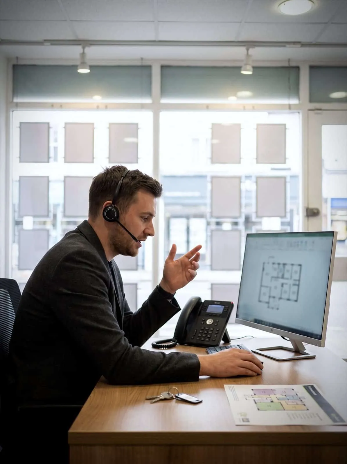 An estate agency negotiator takes a buyer call at the branch