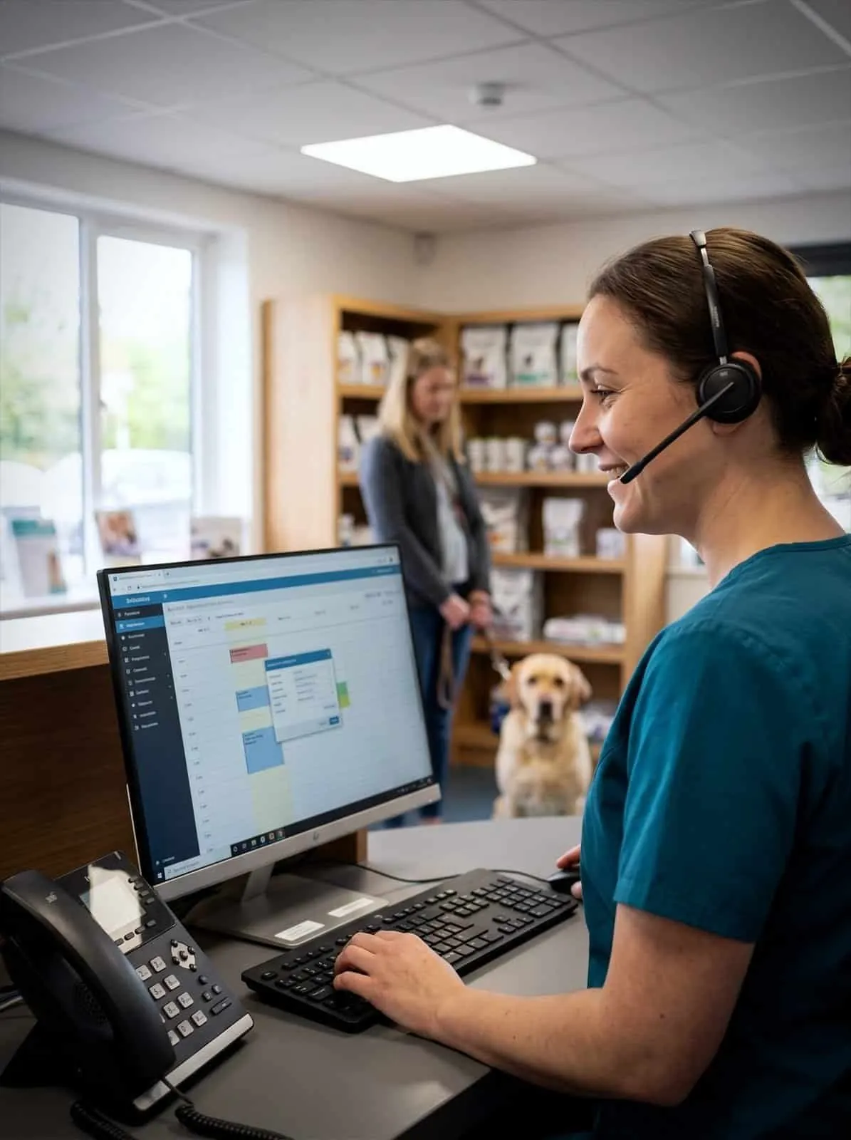 A veterinary receptionist books an appointment while a client waits with their dog