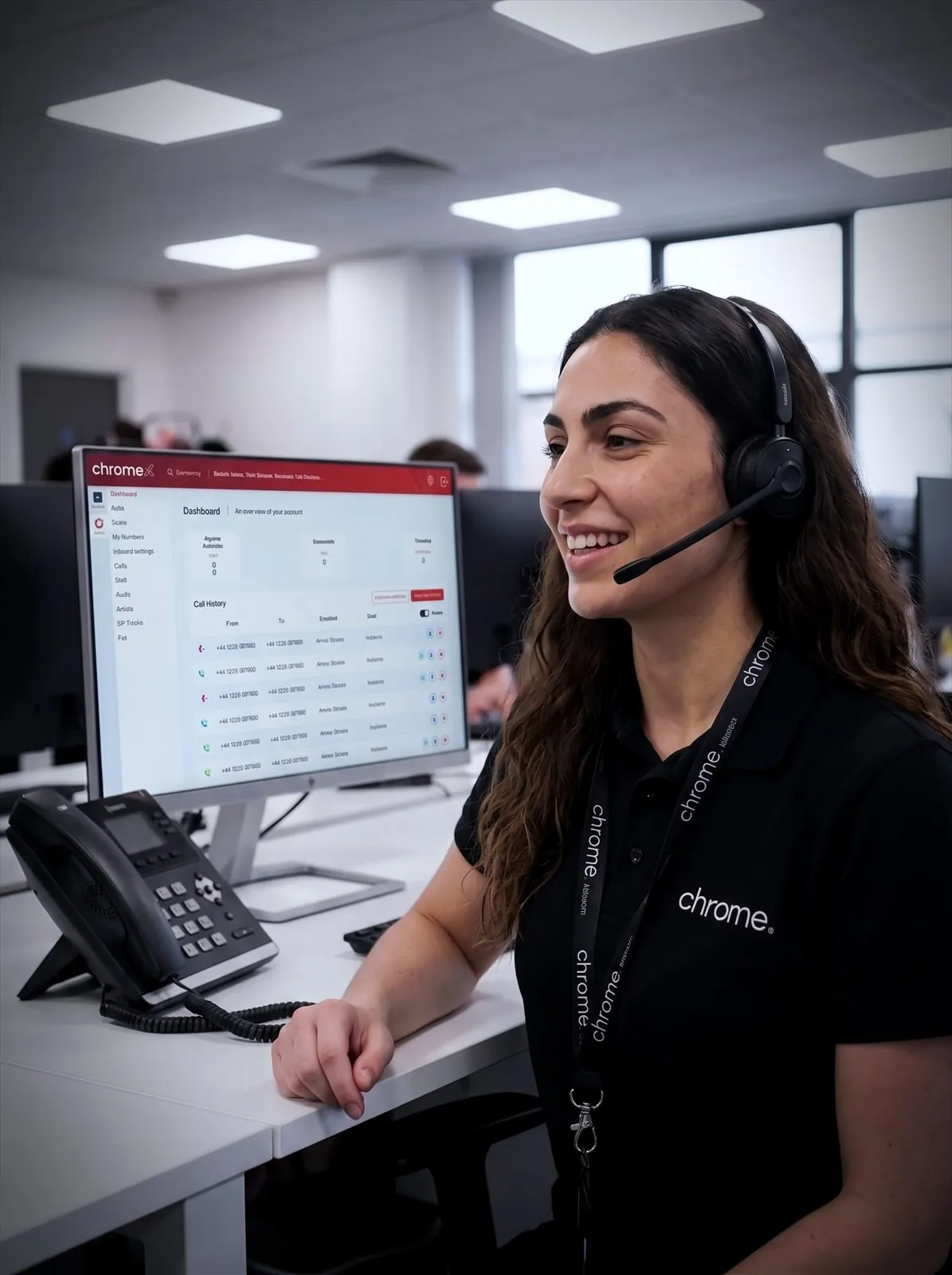 A Chrome Telecom advisor wearing a headset takes a call at her desk, the chromeX call dashboard open on her monitor